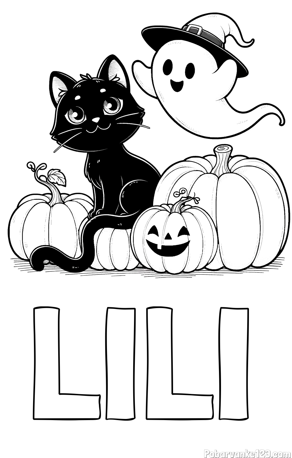 Pobarvanka imena LILI in pobarvanka prijaznega duhca, črne mačke ter buč za noč čarovnic