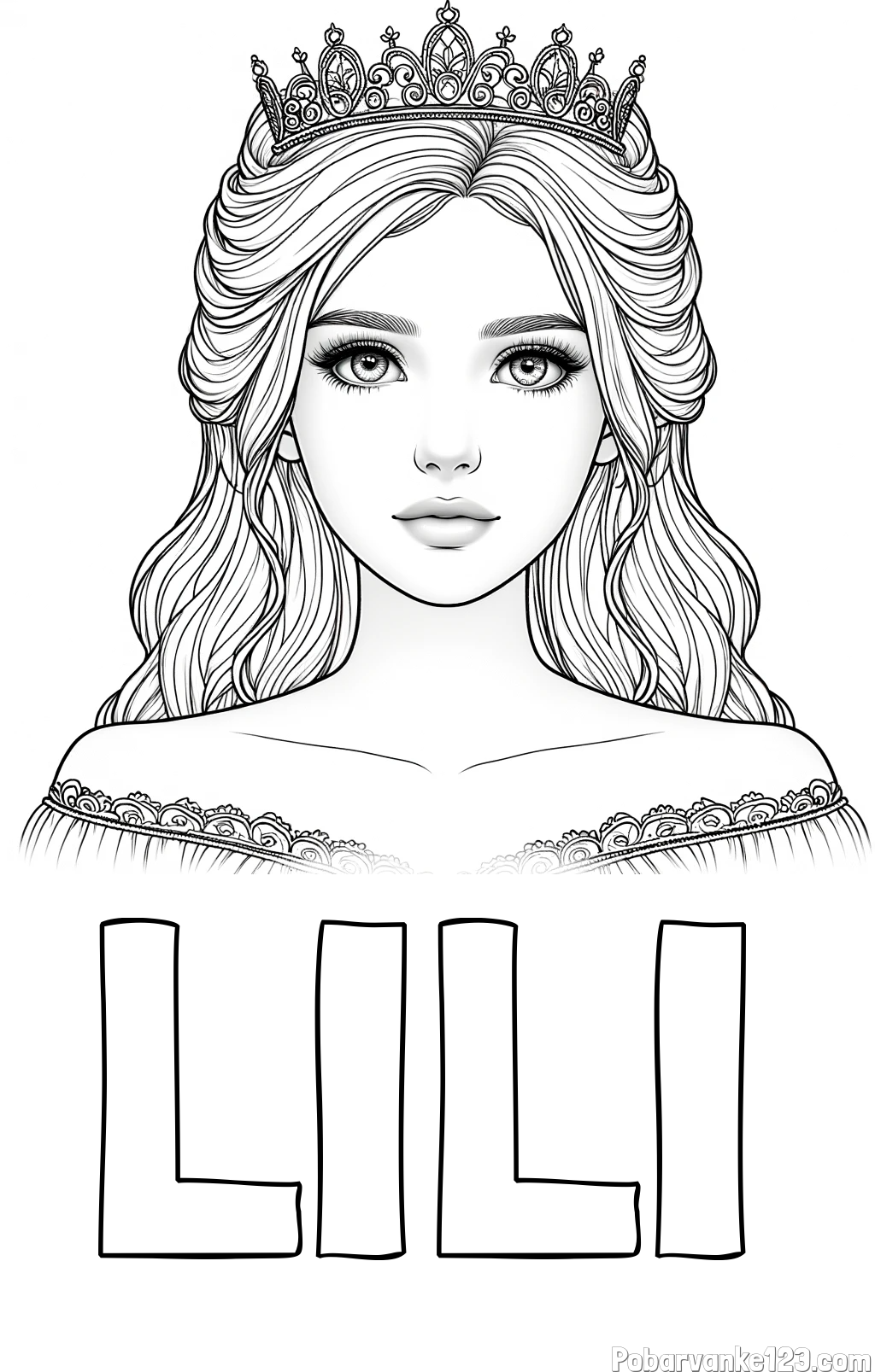 Pobarvanka imena LILI in pobarvanka prikupne princeske s čudovitimi očmi