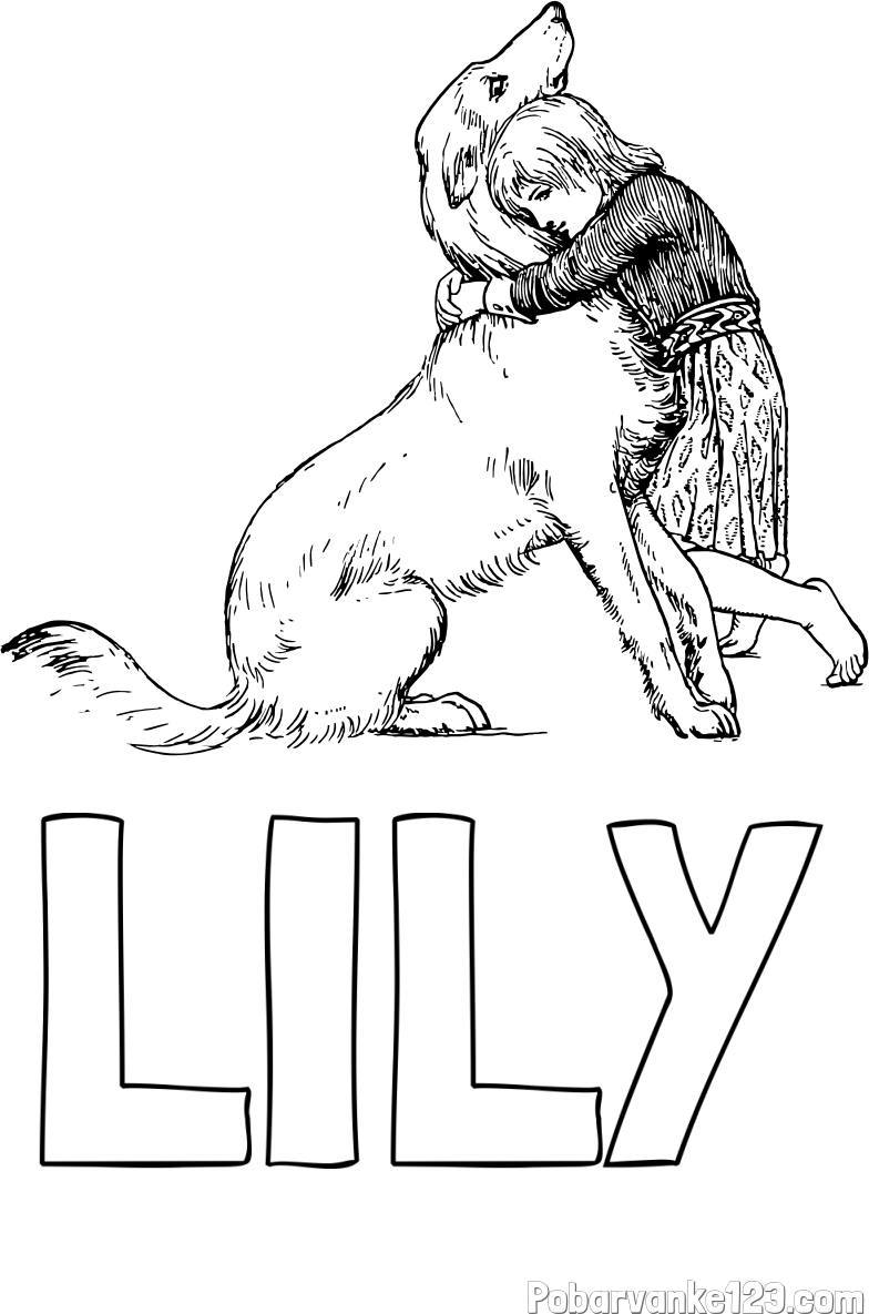 Pobarvanka imena LILY in pobarvanka prikupnega kužka, ki ga objema mala deklica