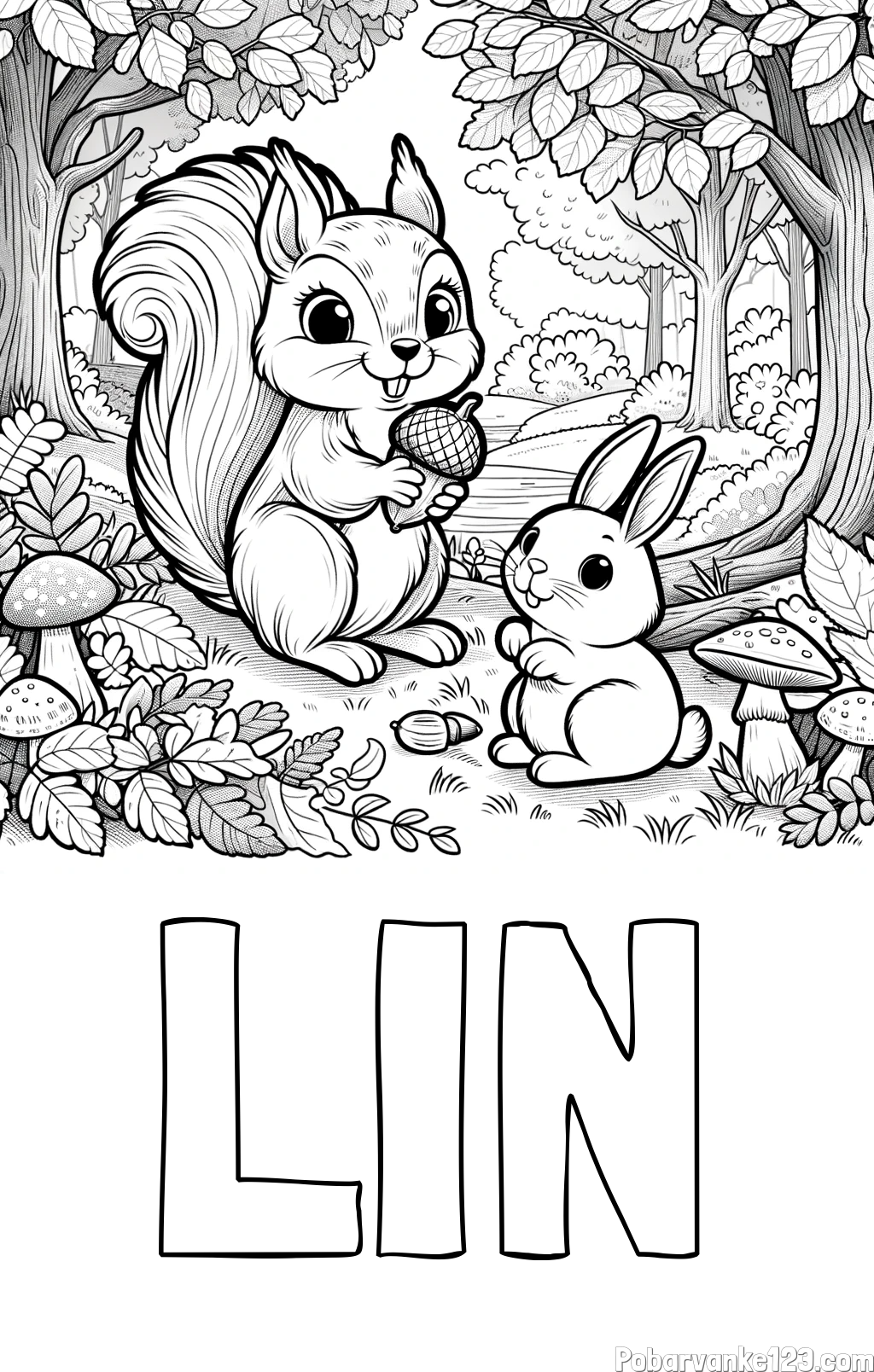 Pobarvanka imena LIN in pobarvanka veveričke in zajčka v gozdu