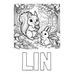 Online izdelana pobarvanka - Pobarvanka imena LIN in pobarvanka veveričke in zajčka v gozdu