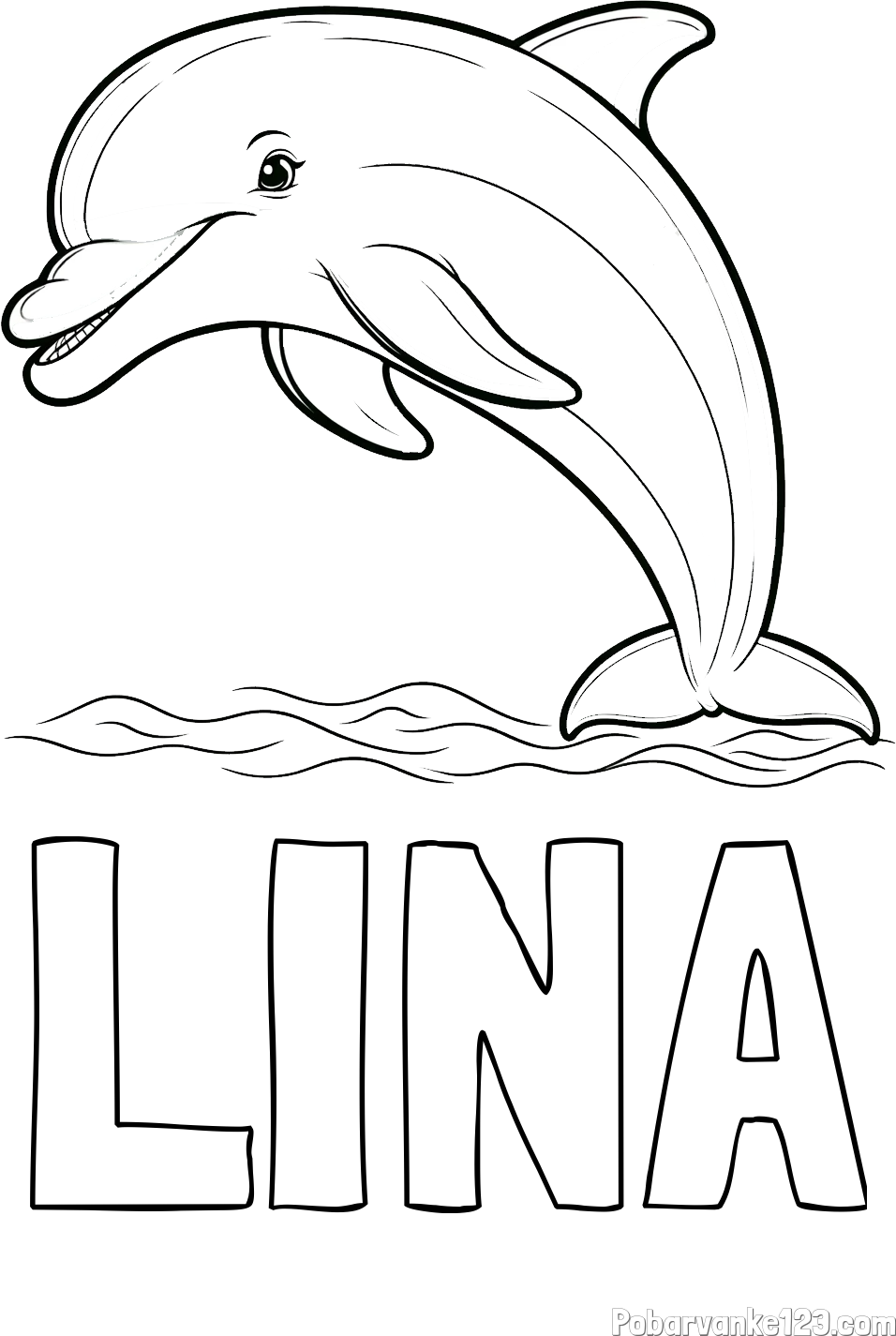 Pobarvanka imena LINA in otroška pobarvanka nasmejanega delfina v skoku