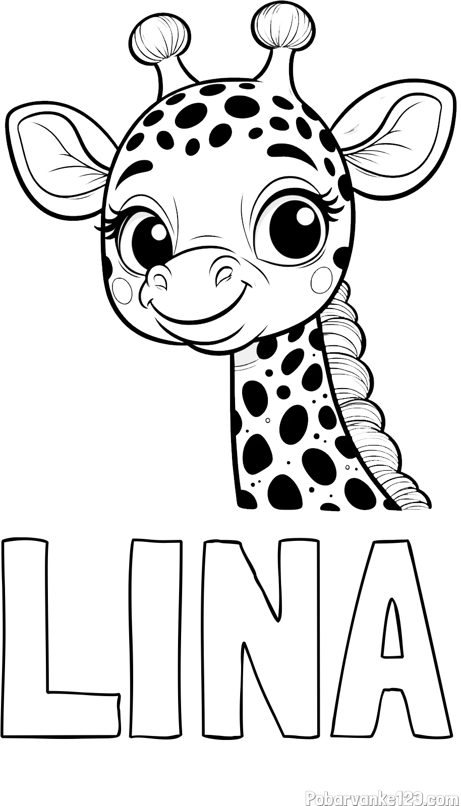 Pobarvanka imena LINA in pobarvanka ljubke žirafe z velikimi očmi