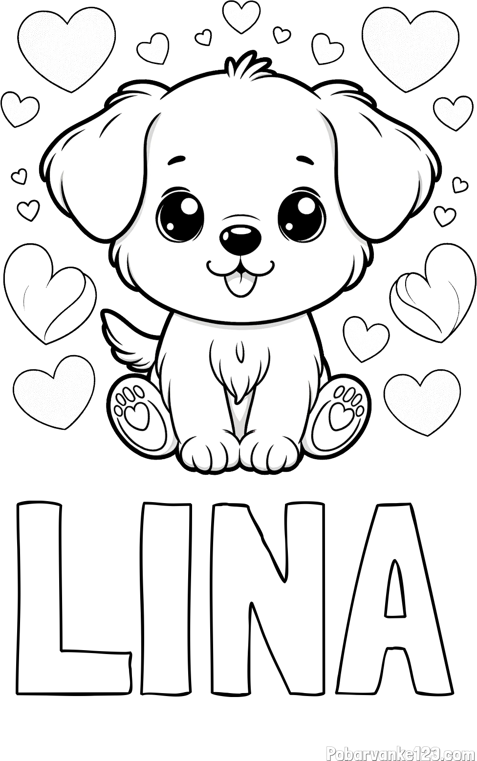Pobarvanka imena LINA in pobarvanka ljubkega kužka obdanega s srčki