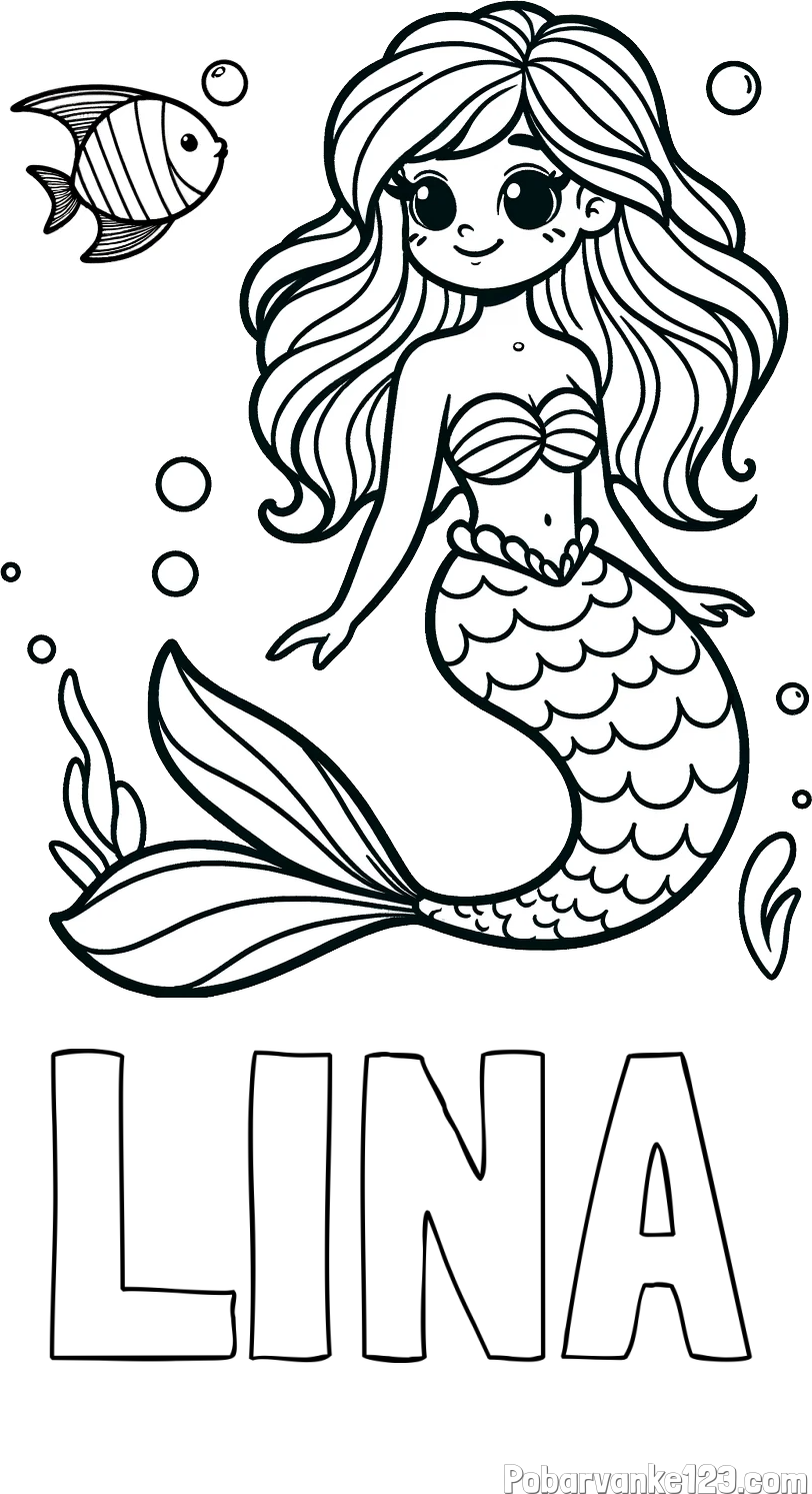 Pobarvanka imena LINA in pobarvanka male morske deklice in ribice