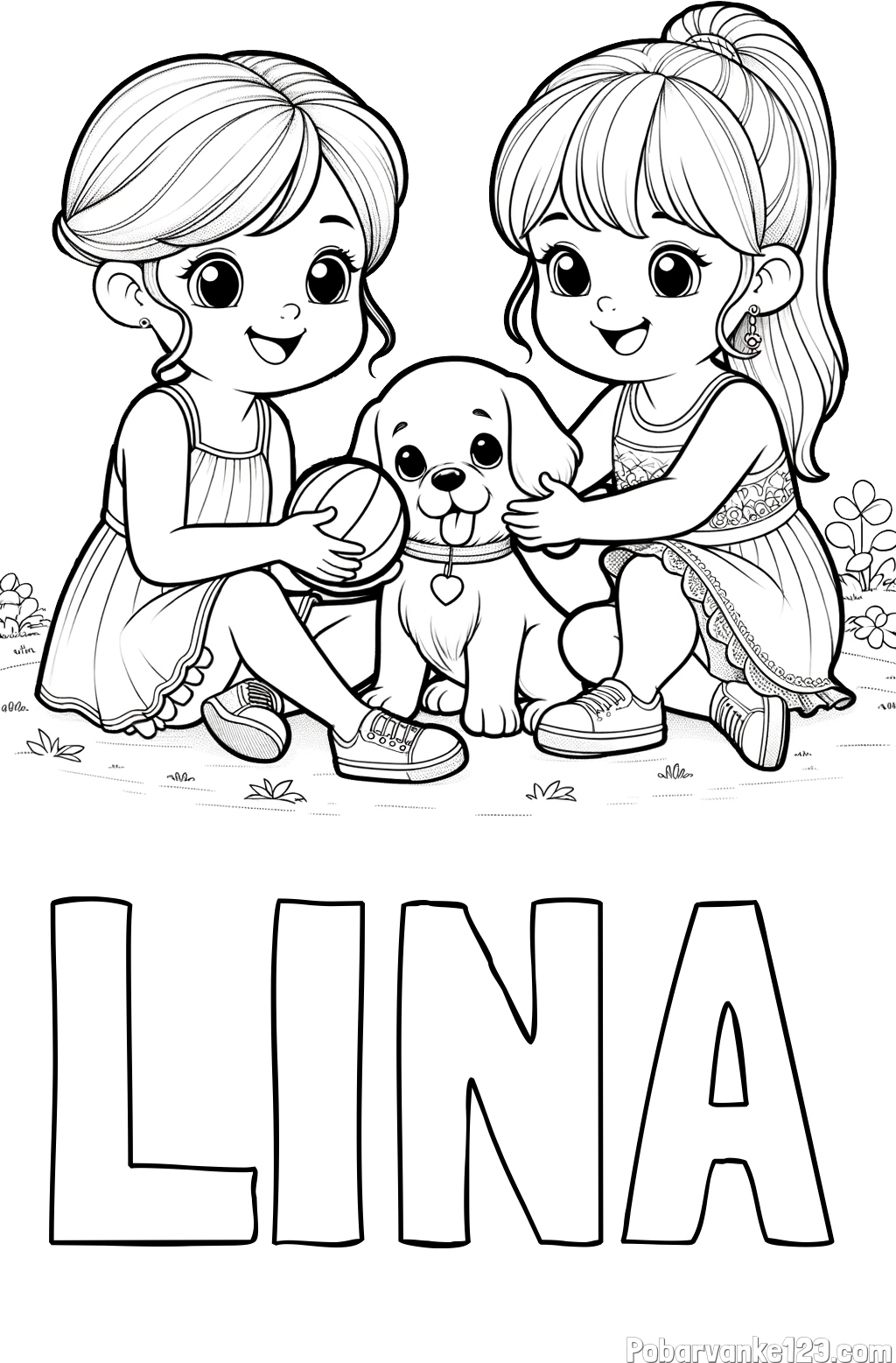 Pobarvanka imena LINA in pobarvanka prijateljic s kužkom