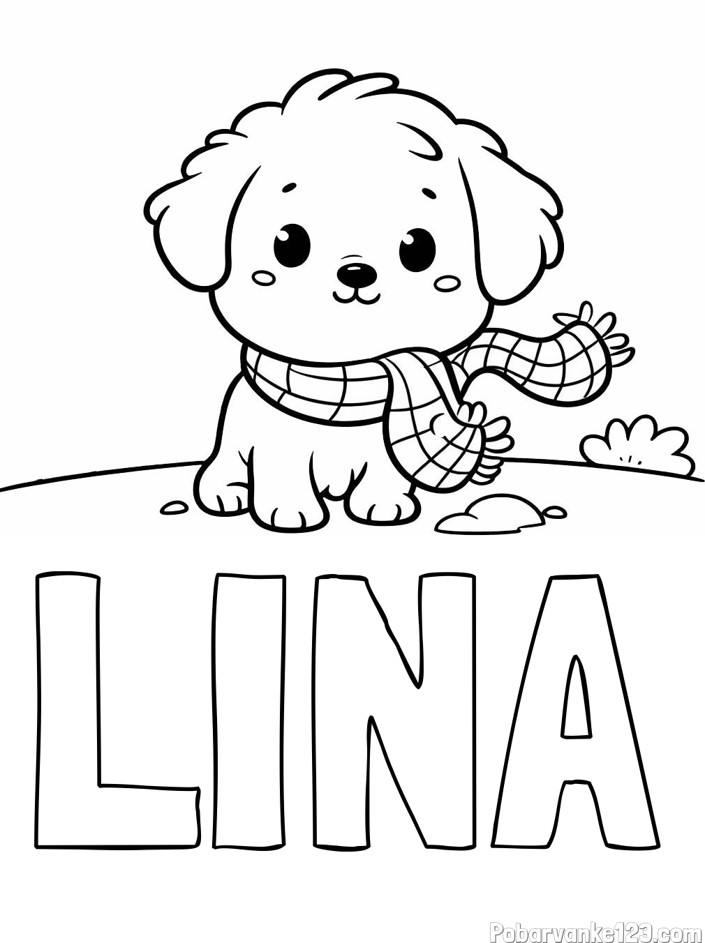 Pobarvanka imena LINA in pobarvanka prikupnega psička