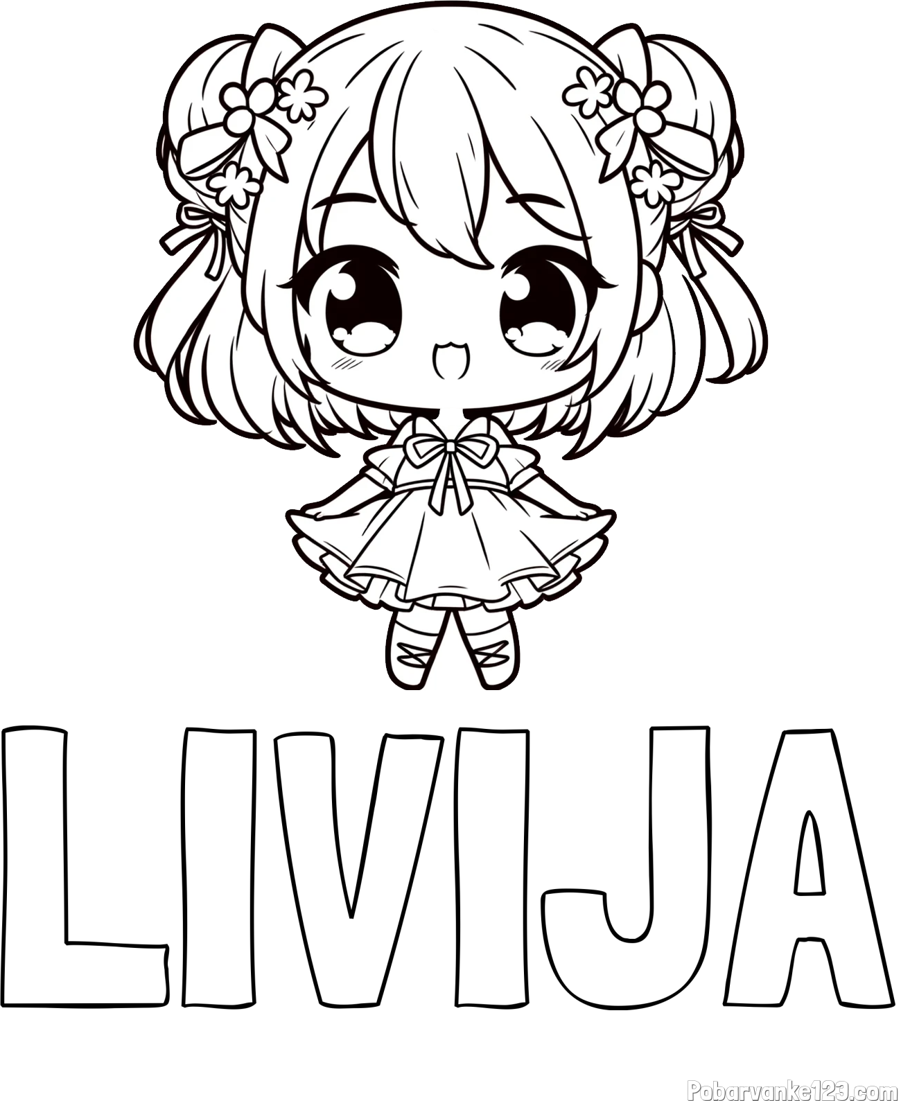 Pobarvanka imena LIVIJA in otroška pobarvanka punčke v japonskem anime slogu