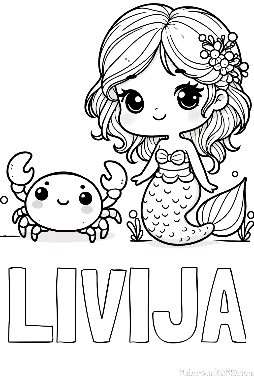 Pobarvanka imena LIVIJA in pobarvanka ljubke morske deklice in veselega raka