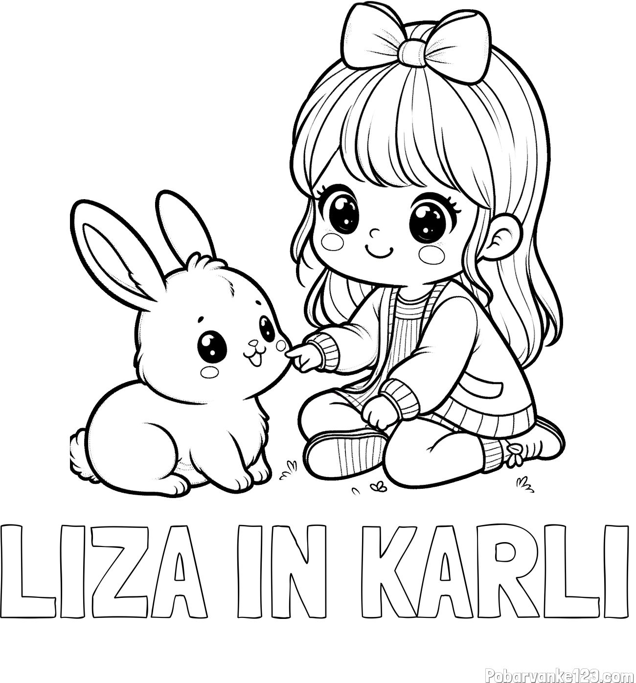 Pobarvanka imena LIZA IN KARLI in pobarvanka ljubke punčke, ki se igra z zajčkom