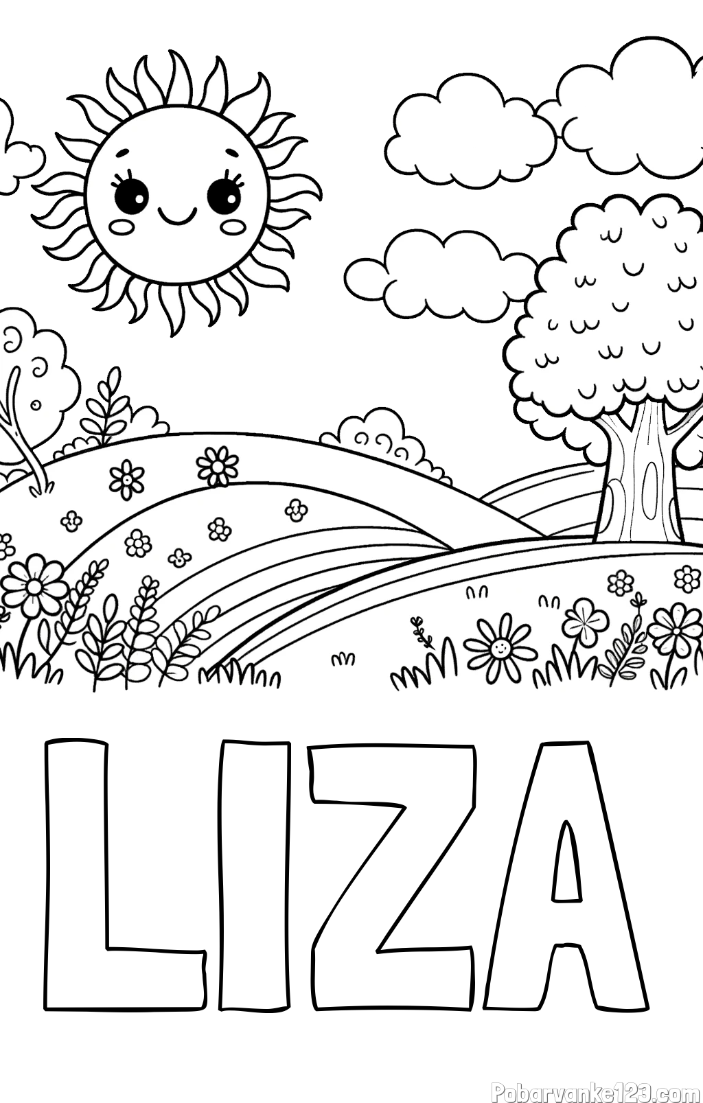 Pobarvanka imena LIZA in otroška pobarvanka narave