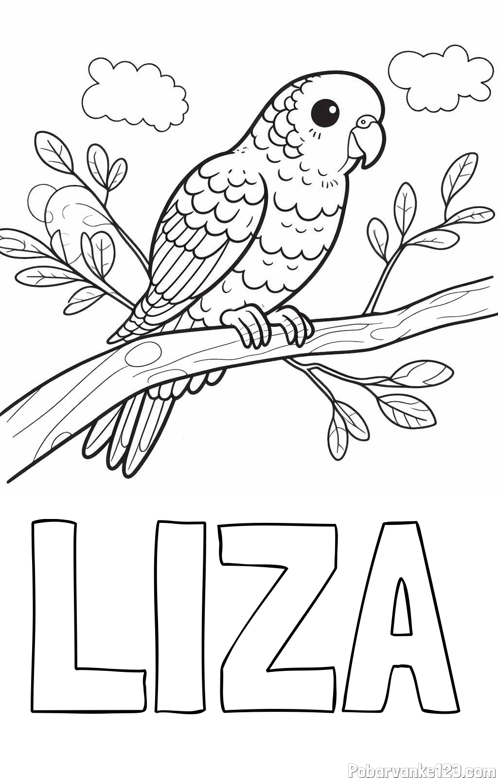 Pobarvanka imena LIZA in pobarvanka ljubkega kanarčka na veji