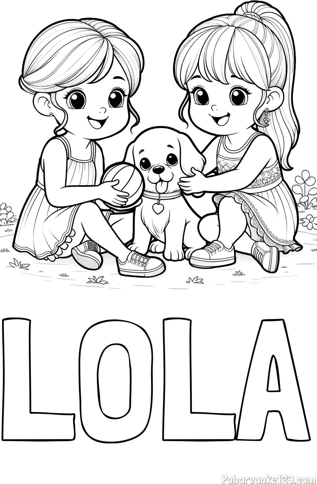 Pobarvanka imena LOLA in pobarvanka prijateljic s kužkom