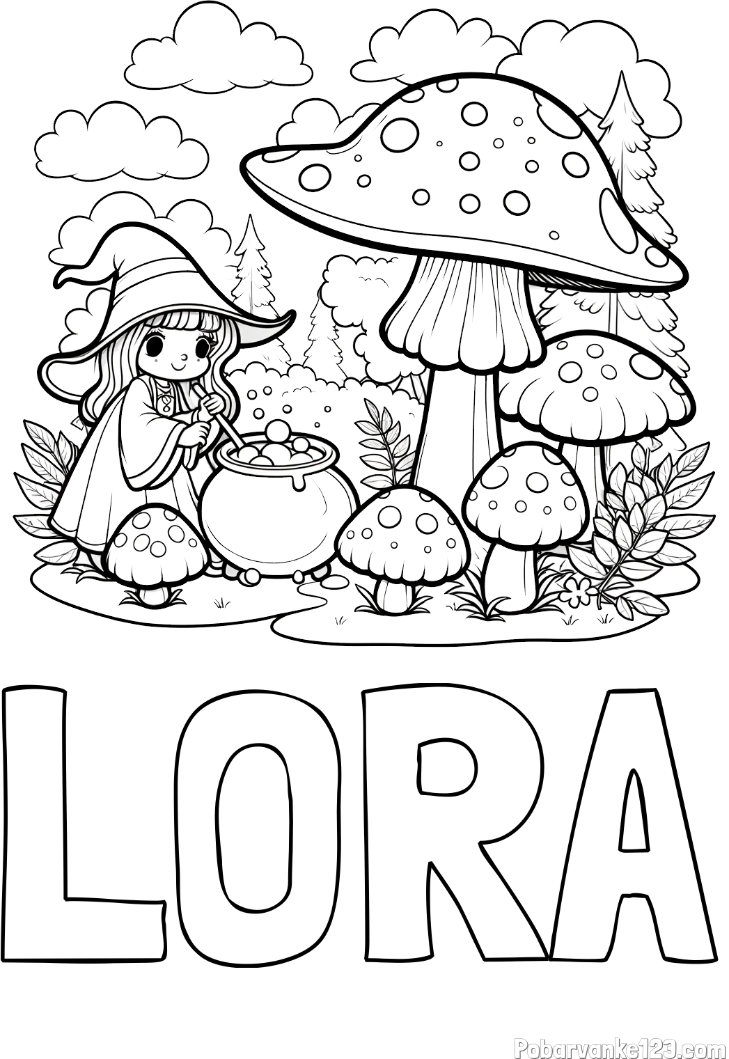 Pobarvanka imena LORA in pobarvanka čarovnice med gobami