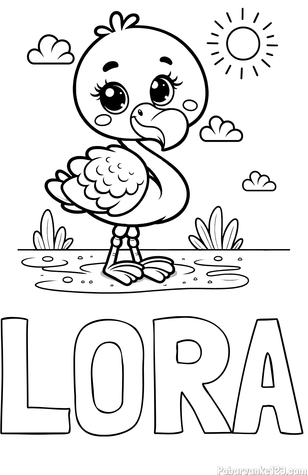 Pobarvanka imena LORA in pobarvanka ljubkega flaminga