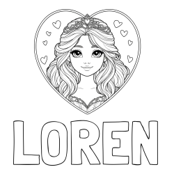Online izdelana pobarvanka - Pobarvanka imena LOREN in pobarvanka princeske ter srčkov