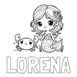 Pobarvanka imena LORENA in pobarvanka ljubke morske deklice in veselega raka