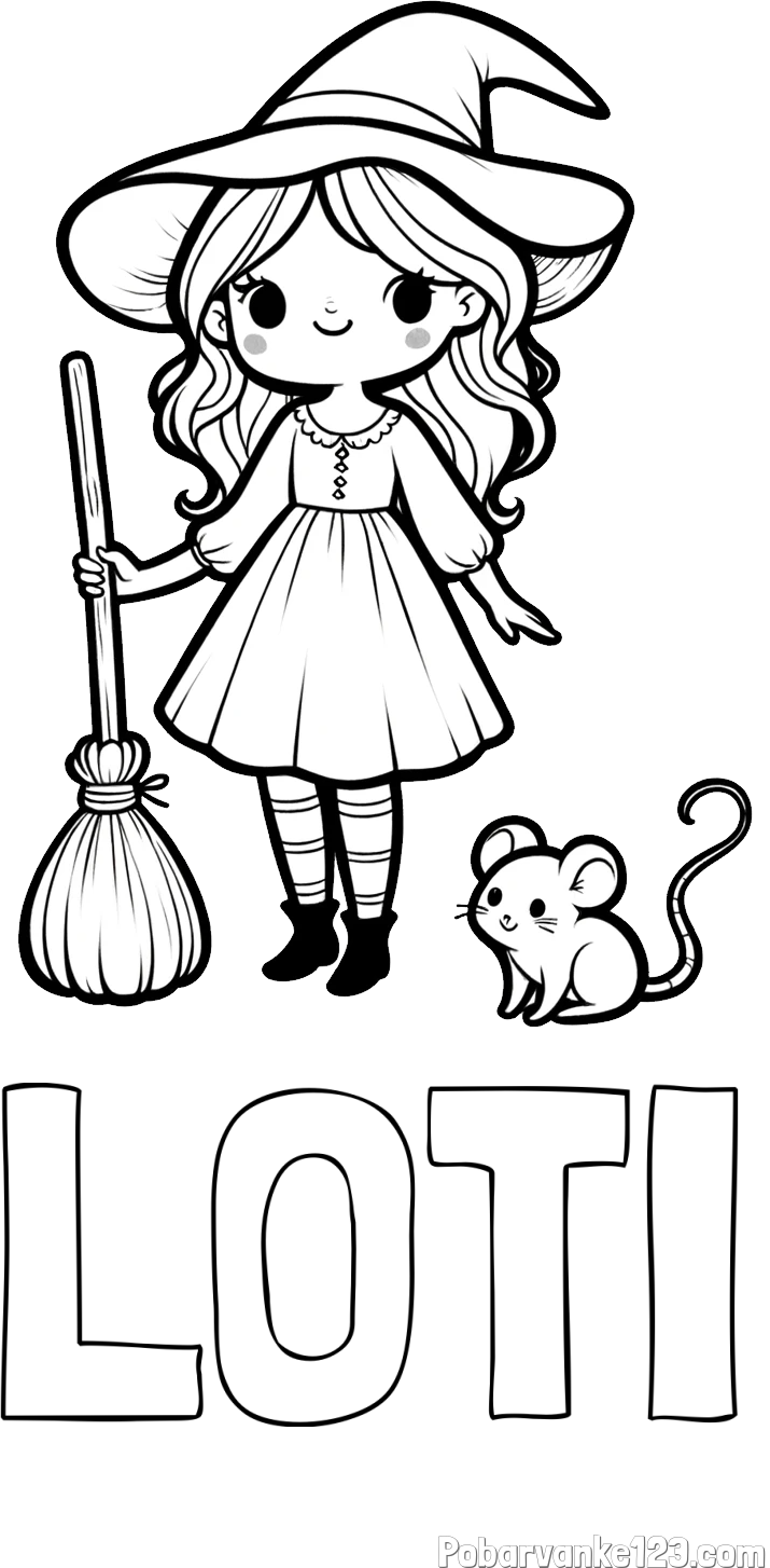 Pobarvanka imena LOTI in pobarvanka čarovnice z metlo in miško