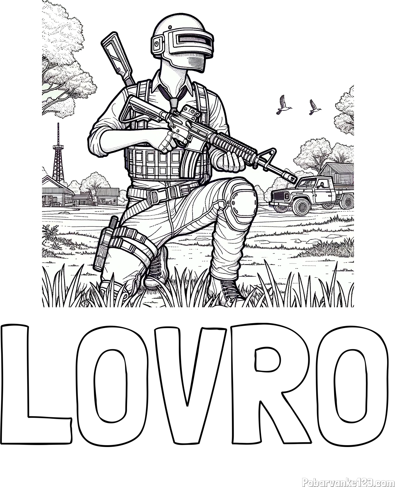 Pobarvanka imena LOVRO in PUBG pobarvanka glavnega lika v klečečem položaju