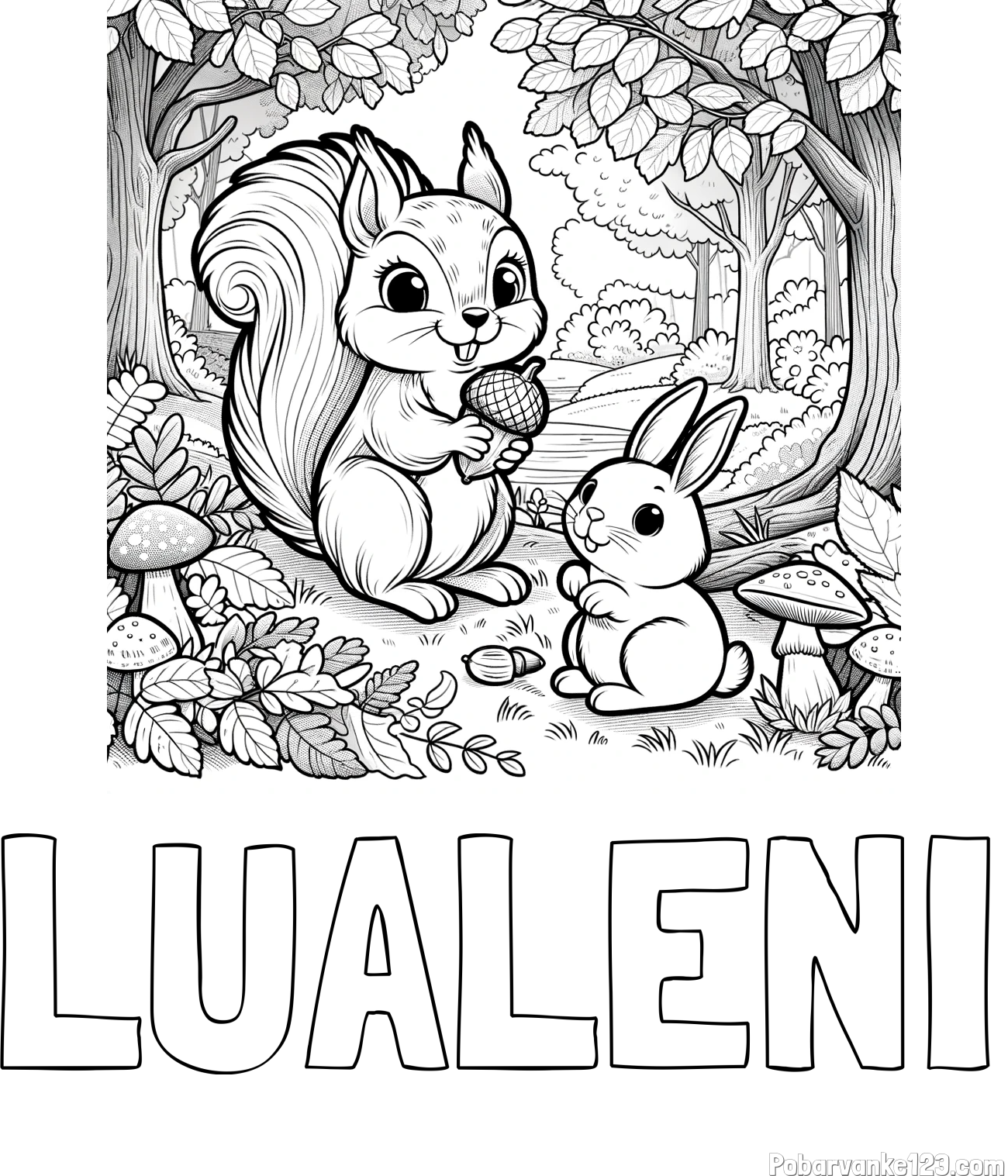 Pobarvanka imena LUALENI in pobarvanka veveričke in zajčka v gozdu