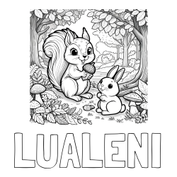 Online izdelana pobarvanka - Pobarvanka imena LUALENI in pobarvanka veveričke in zajčka v gozdu