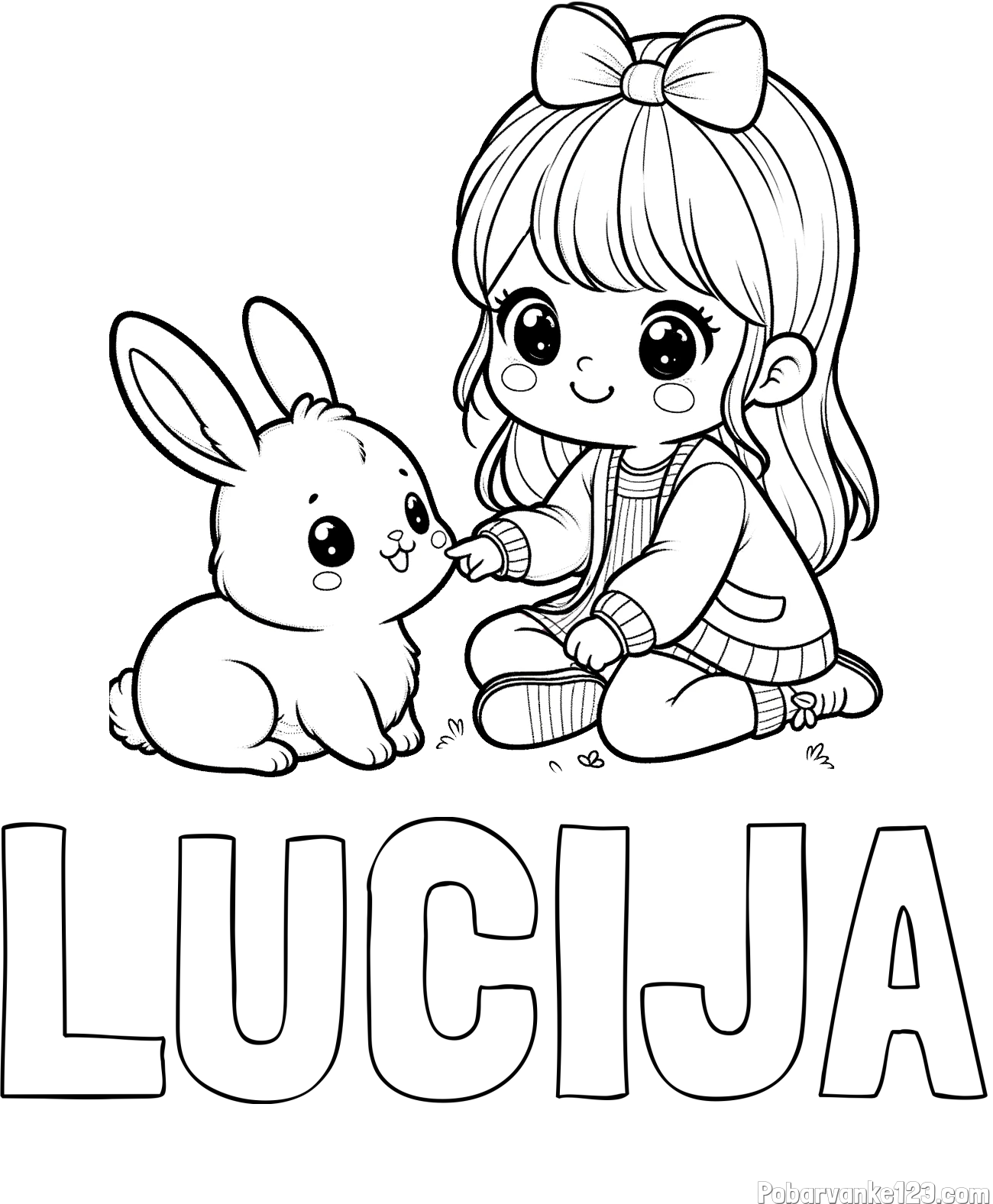 Pobarvanka imena LUCIJA in pobarvanka ljubke punčke, ki se igra z zajčkom