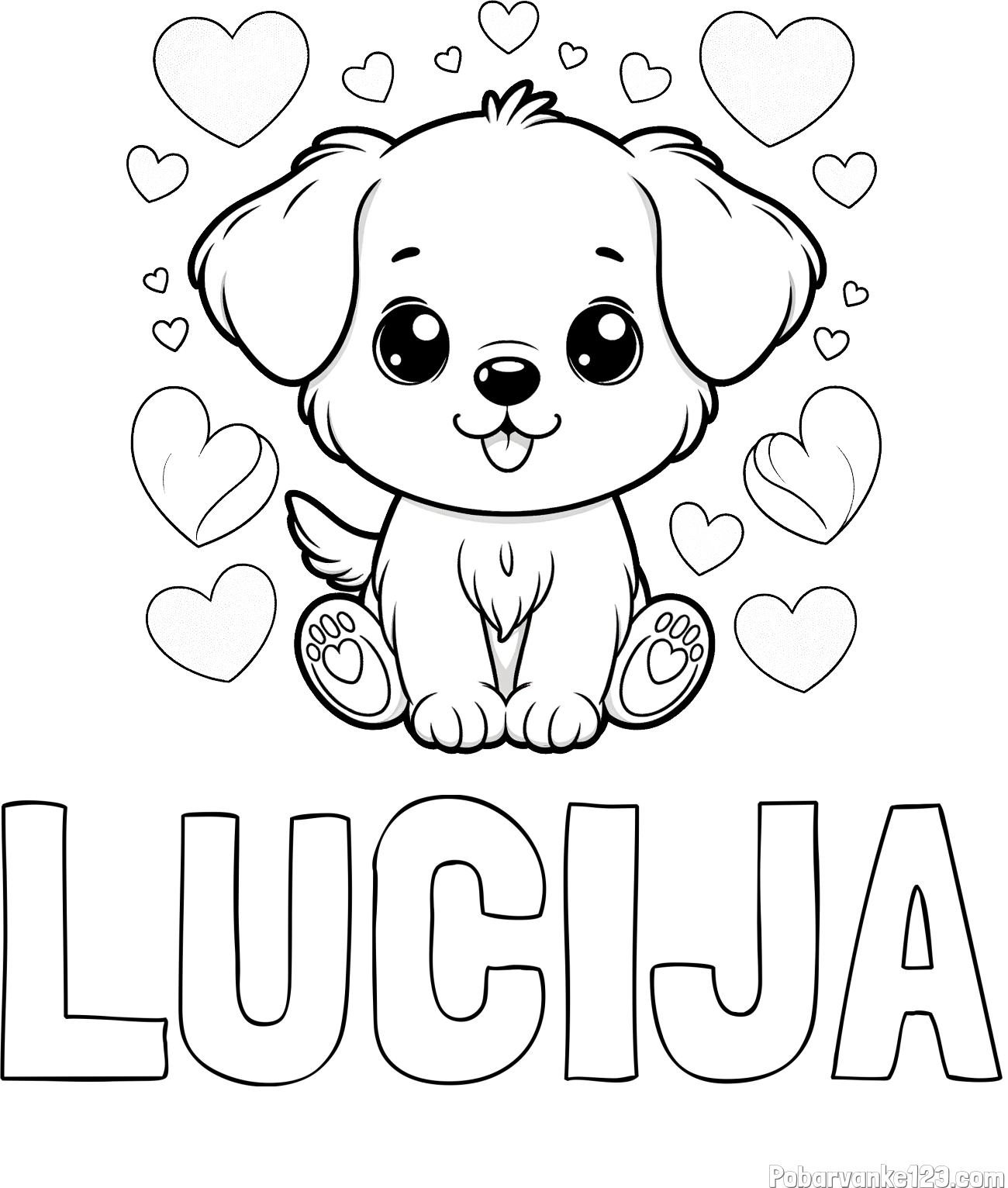 Pobarvanka imena LUCIJA in pobarvanka ljubkega kužka obdanega s srčki