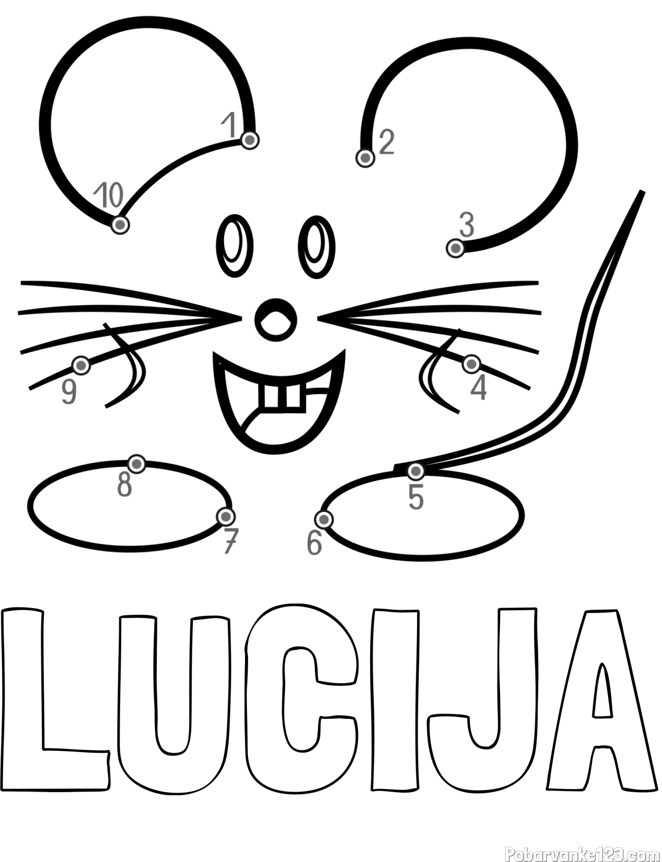 Pobarvanka imena LUCIJA in pobarvanka poveži številke - ljubka miška