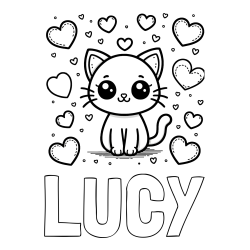 Online izdelana pobarvanka - Pobarvanka imena LUCY in pobarvanka ljubke mucke obdane z veliko srčki