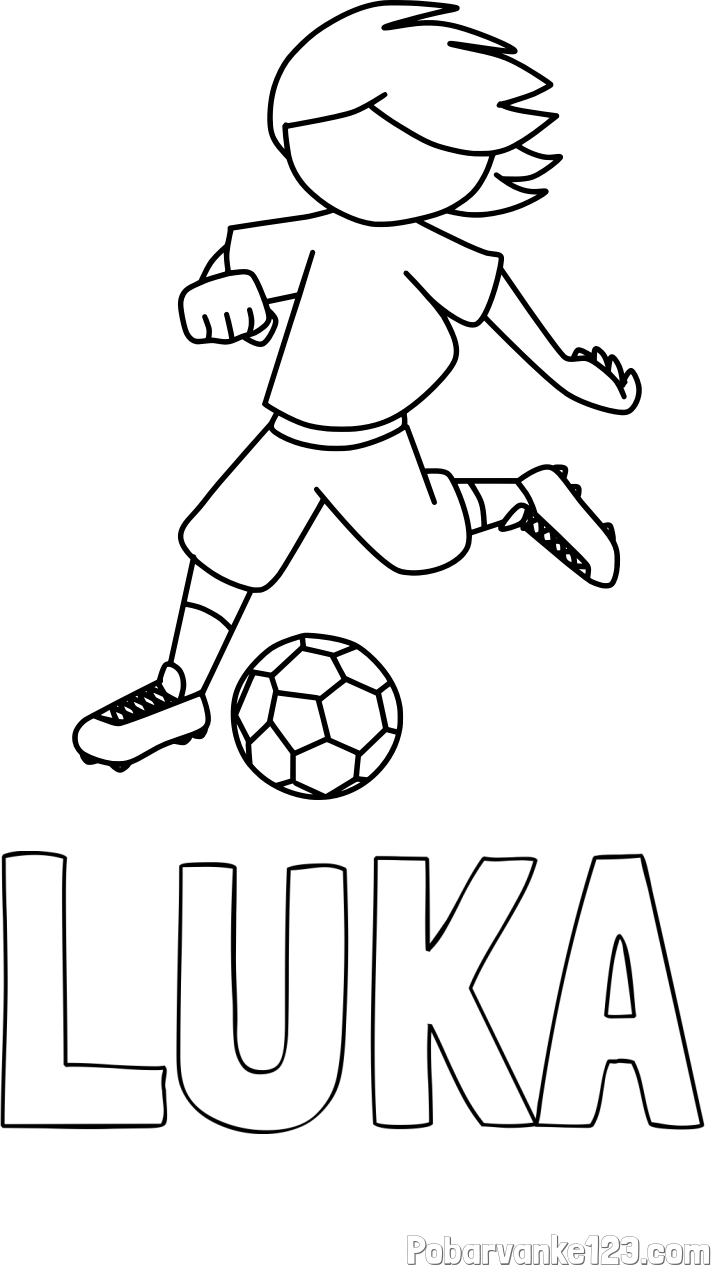Pobarvanka imena LUKA in otroška pobarvanka preprosto ilustriranega nogometaša
