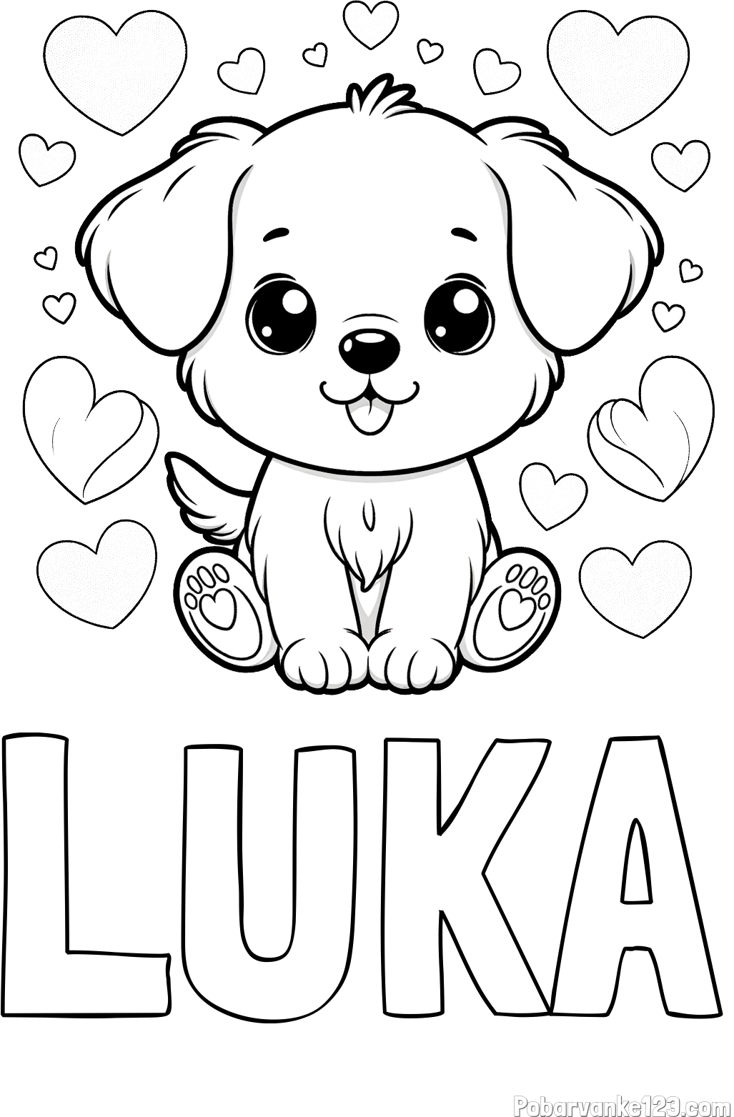 Pobarvanka imena LUKA in pobarvanka ljubkega kužka obdanega s srčki