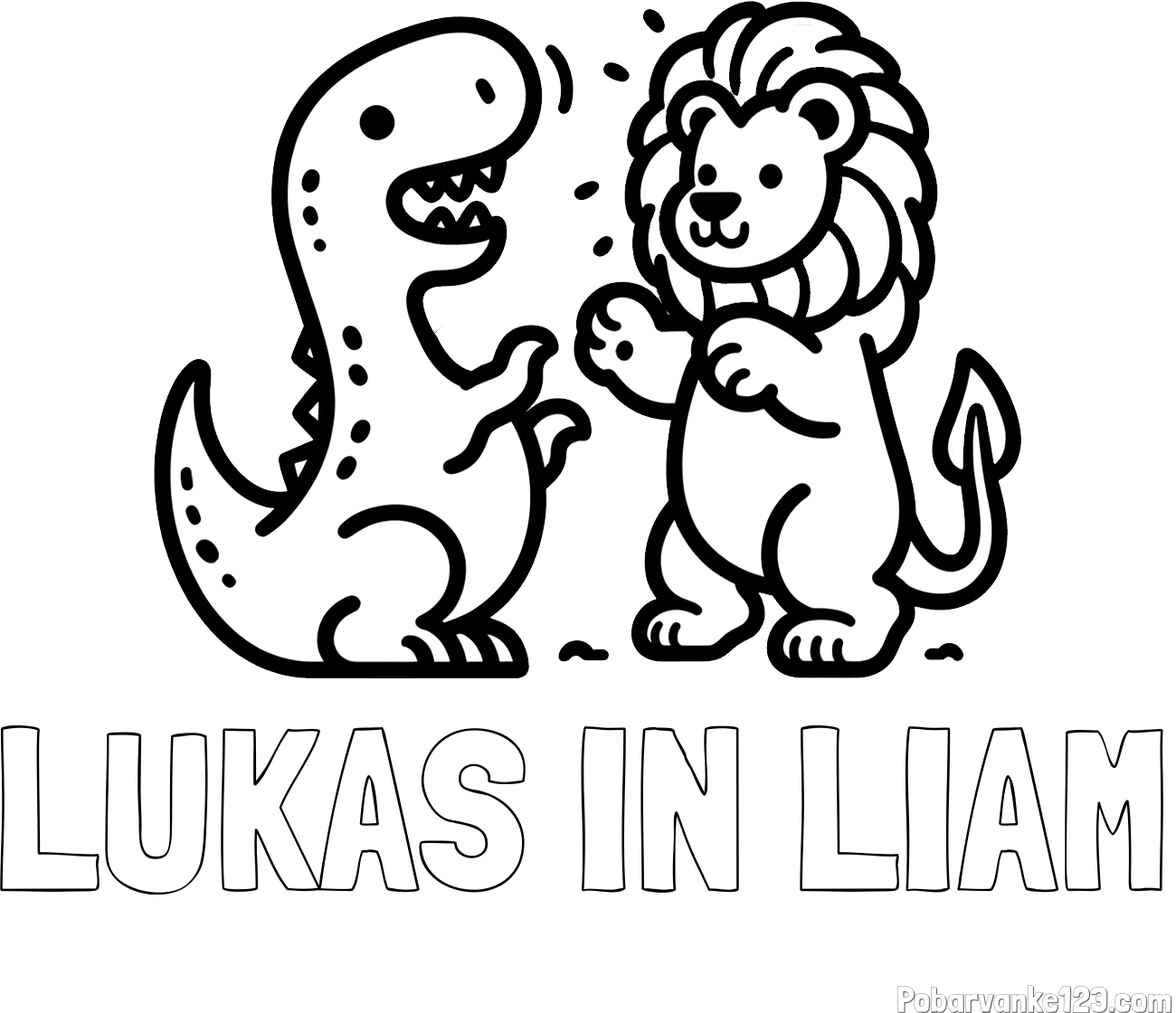 Pobarvanka imena LUKAS IN LIAM in pobarvanka dinozavra, ki napada leva
