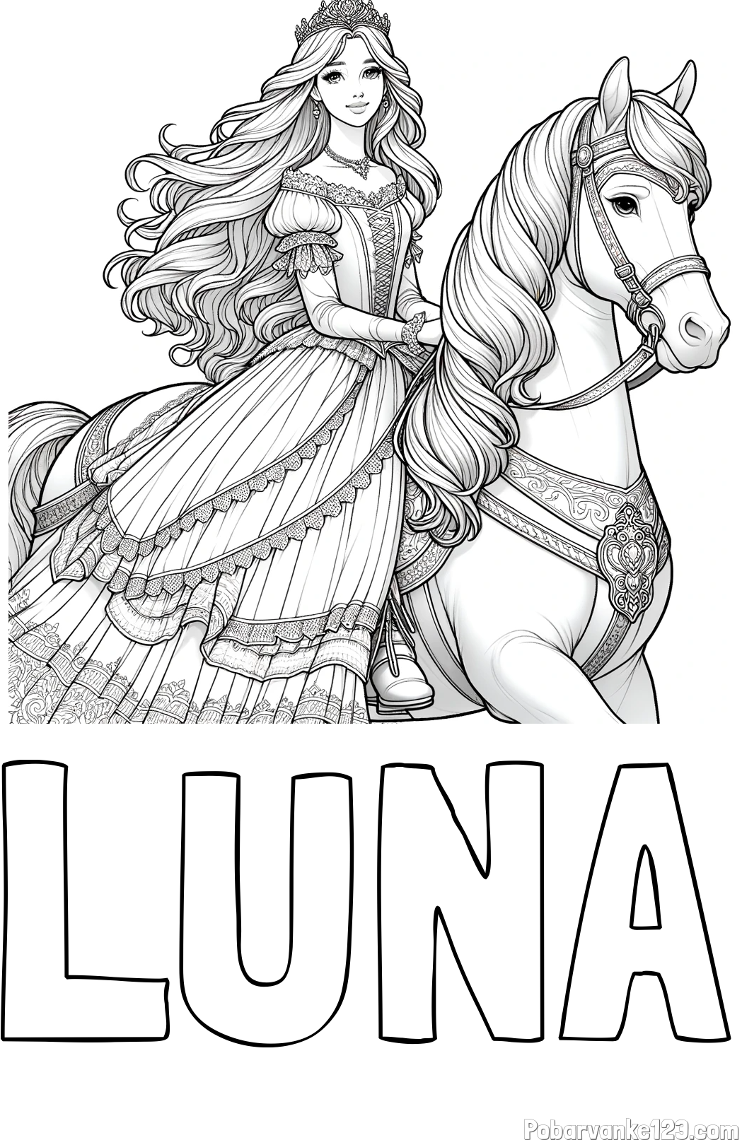 Pobarvanka imena LUNA in pobarvanka nasmejana princese na konju