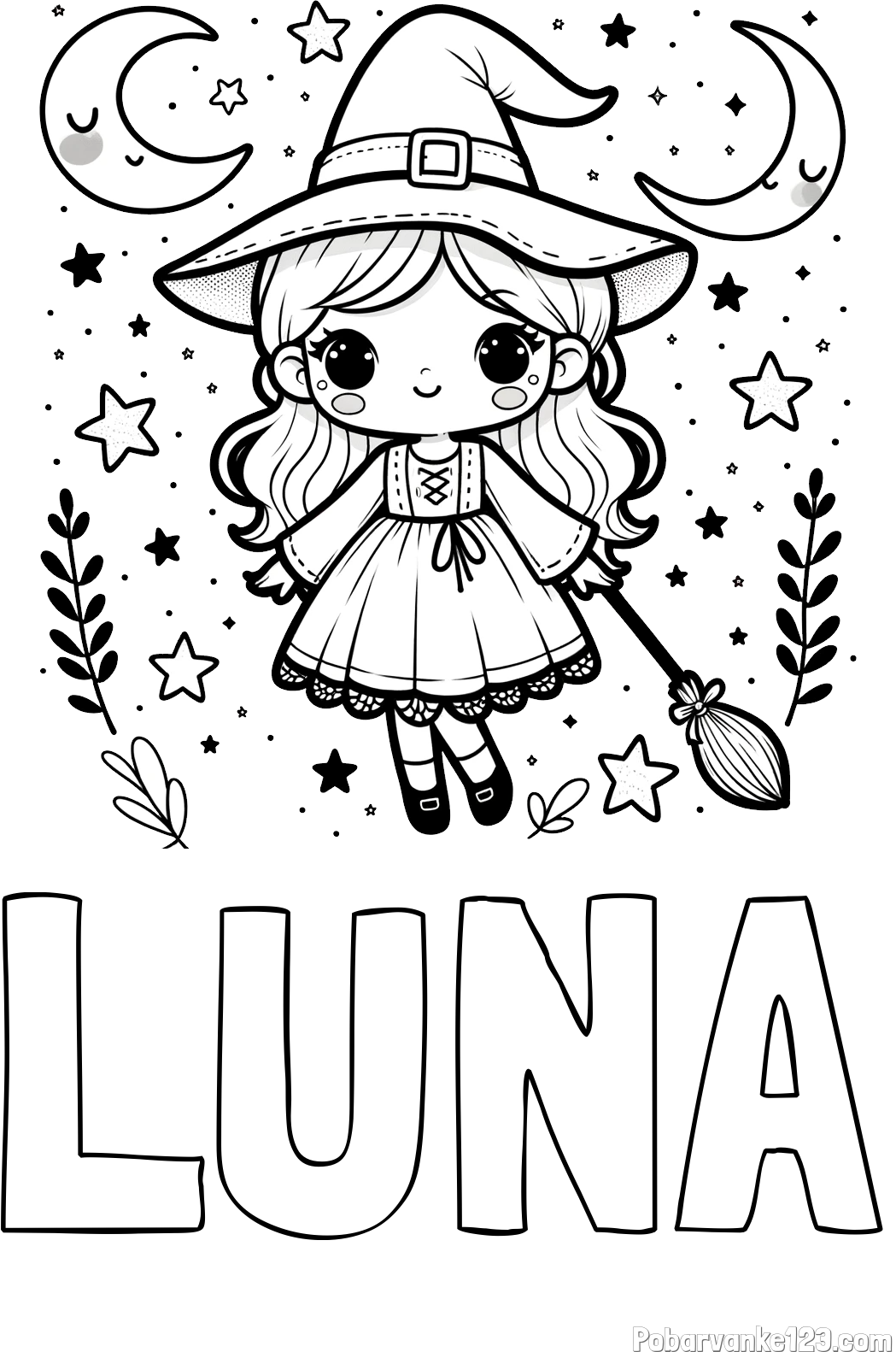 Pobarvanka imena LUNA in pobarvanka prikupne čarovnice