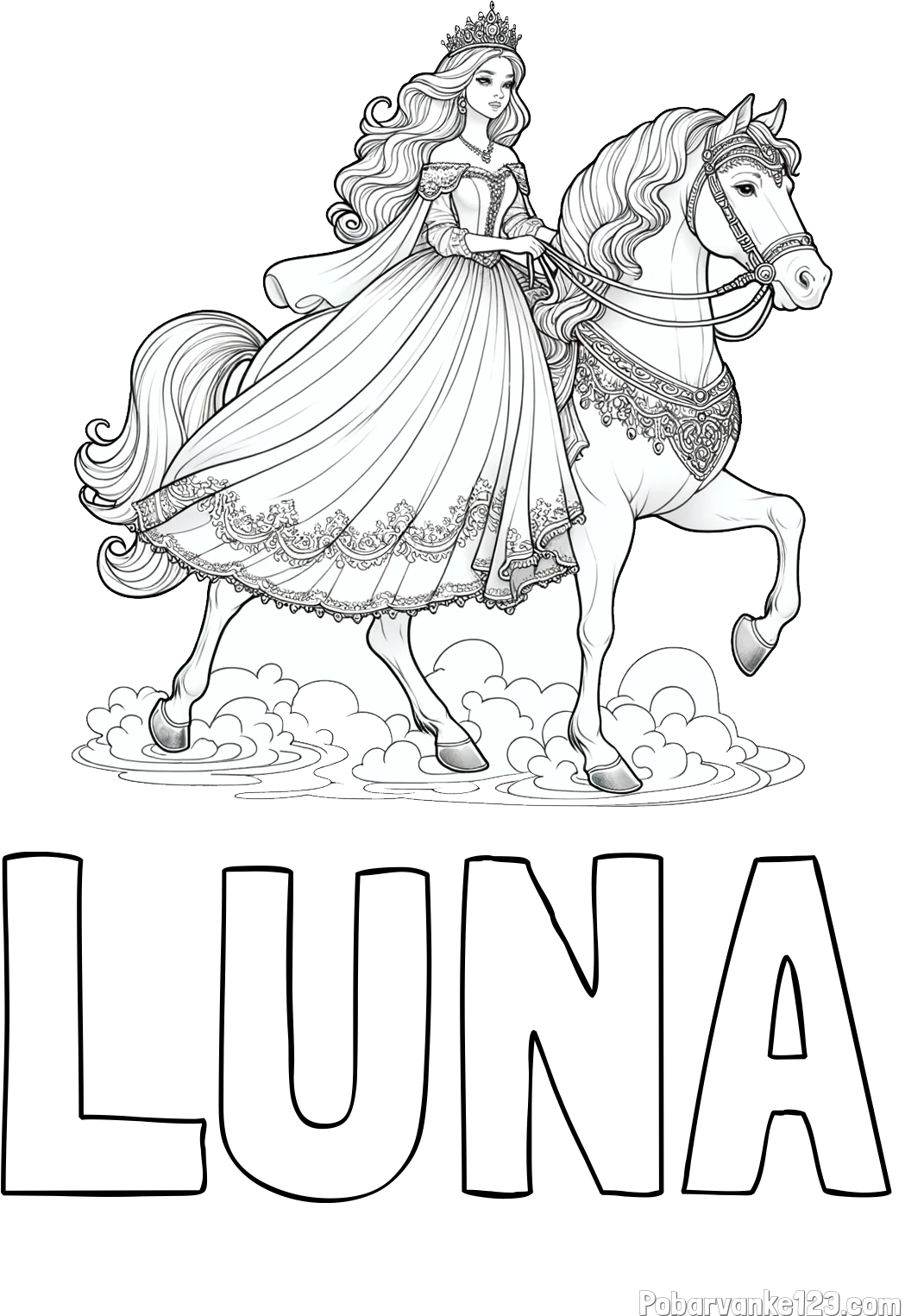 Pobarvanka imena LUNA in pobarvanka princese na konju