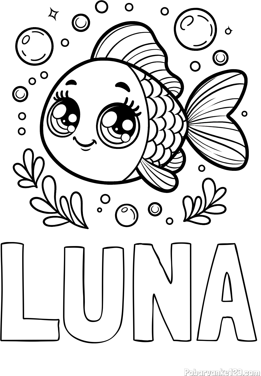 Pobarvanka imena LUNA in pobarvanka prisrčne ribice