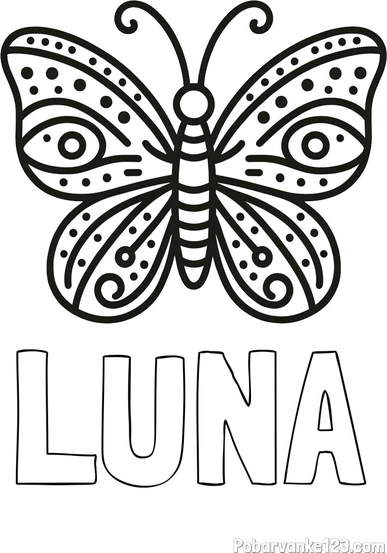 Pobarvanka imena LUNA in preprosta pobarvanka metulja