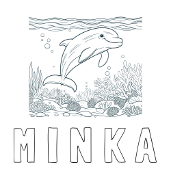 Online izdelana pobarvanka - Pobarvanka imena M I N K A in pobarvanka ljubkega delfina med plavanjem v morju
