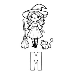 Online izdelana pobarvanka - Pobarvanka imena M in pobarvanka čarovnice z metlo in miško