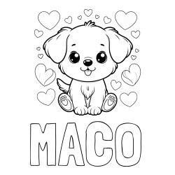 Online izdelana pobarvanka - Pobarvanka imena MAČO in pobarvanka ljubkega kužka obdanega s srčki