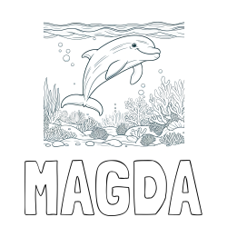 Online izdelana pobarvanka - Pobarvanka imena MAGDA in pobarvanka ljubkega delfina med plavanjem v morju