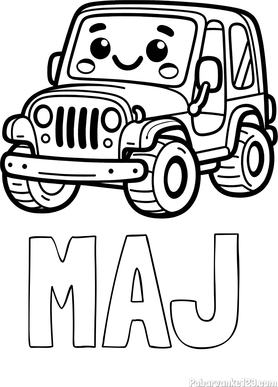 Pobarvanka imena MAJ in otroška pobarvanka ljubkega džipa