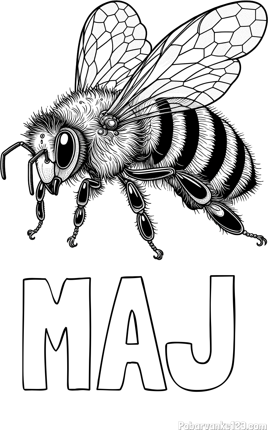 Pobarvanka imena MAJ in pobarvanka lepe in realistično oblikovane čebele