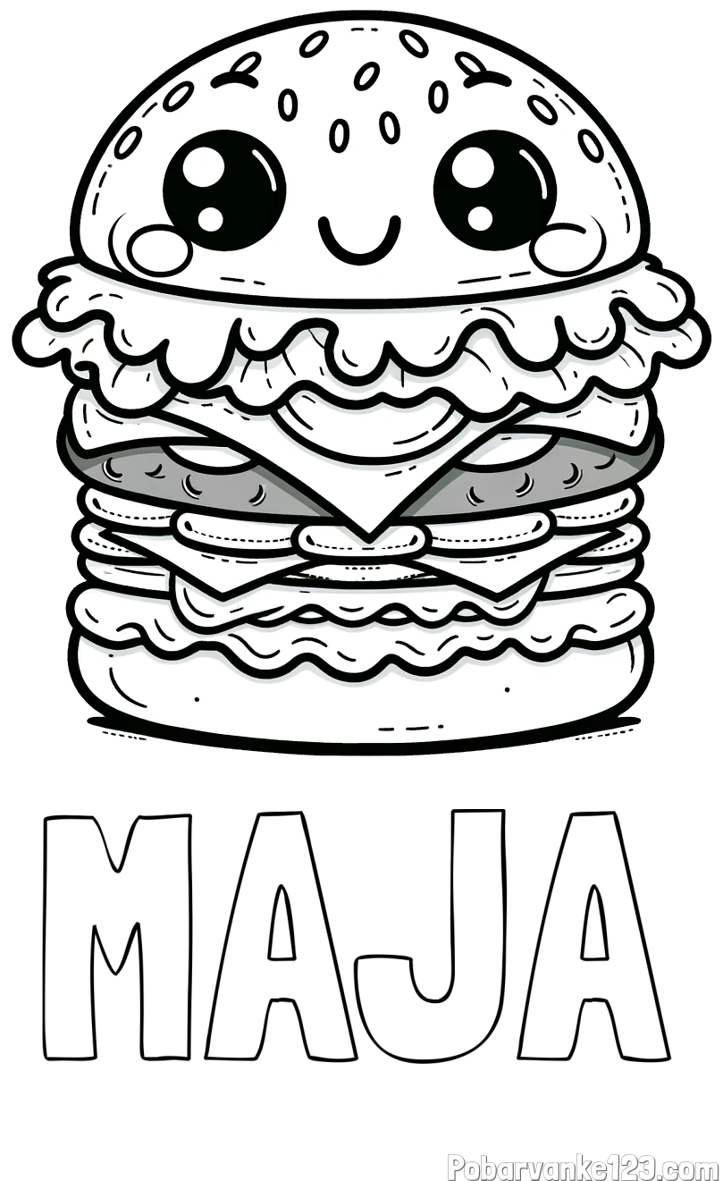 Pobarvanka imena MAJA in otroška pobarvanka nasmejanega hamburgerja