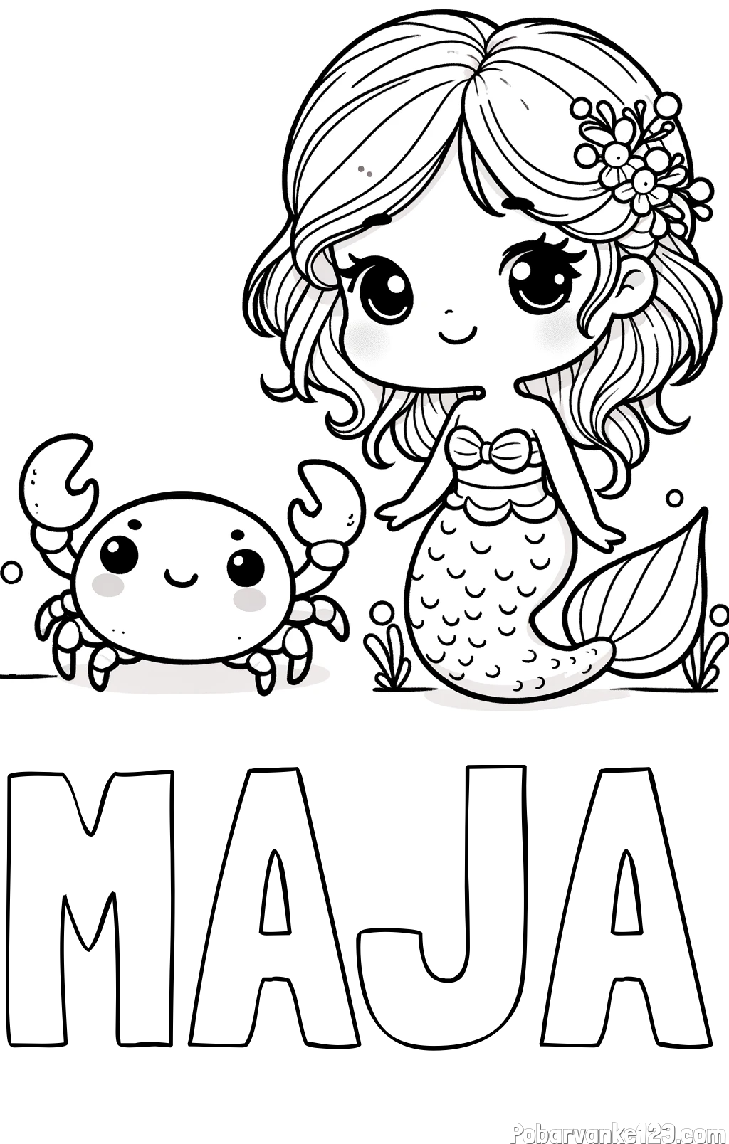 Pobarvanka imena MAJA in pobarvanka ljubke morske deklice in veselega raka