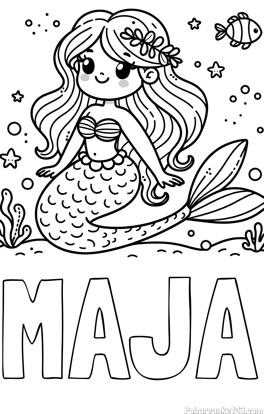 Pobarvanka imena MAJA in pobarvanka ljubke morske deklice v morju