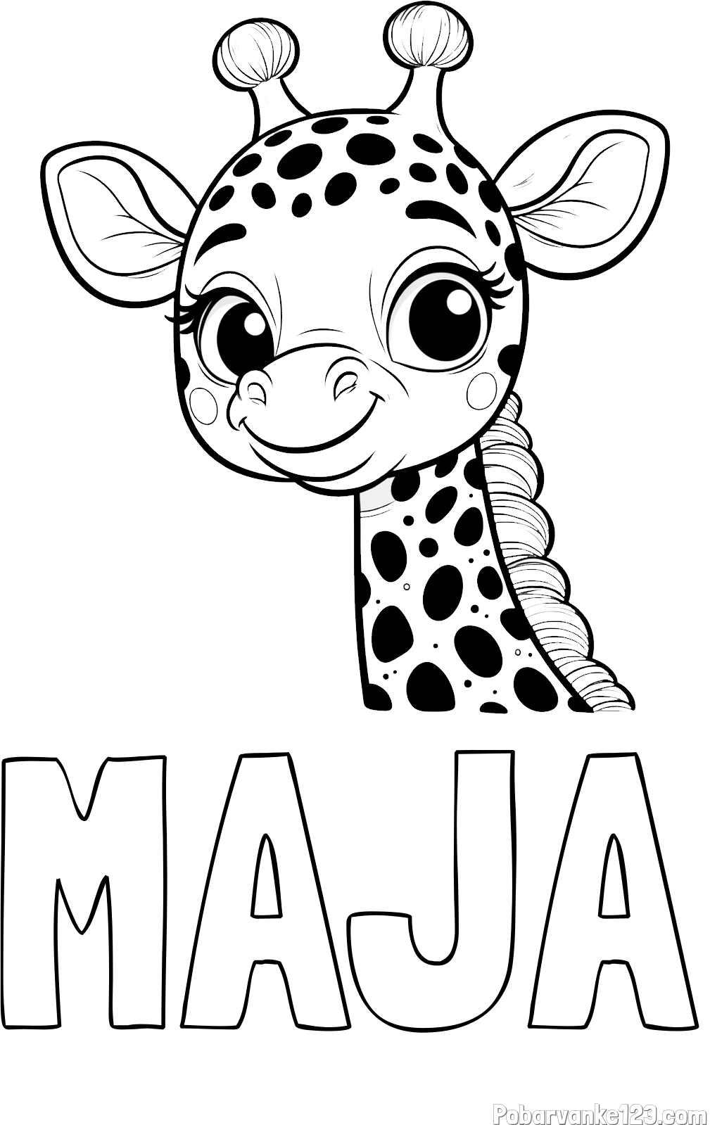 Pobarvanka imena MAJA in pobarvanka ljubke žirafe z velikimi očmi