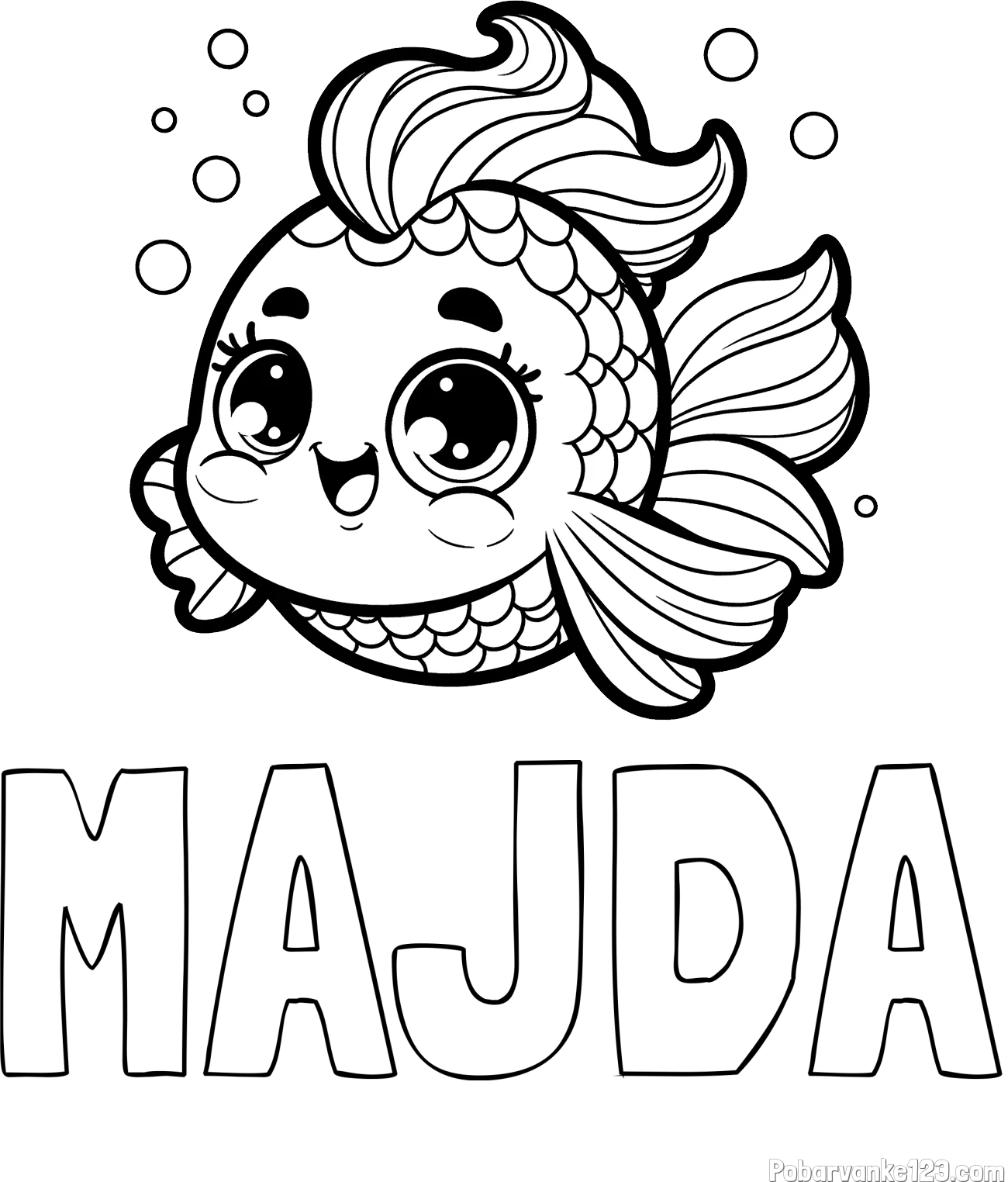Pobarvanka imena MAJDA in pobarvanka ljubke pravljične ribe