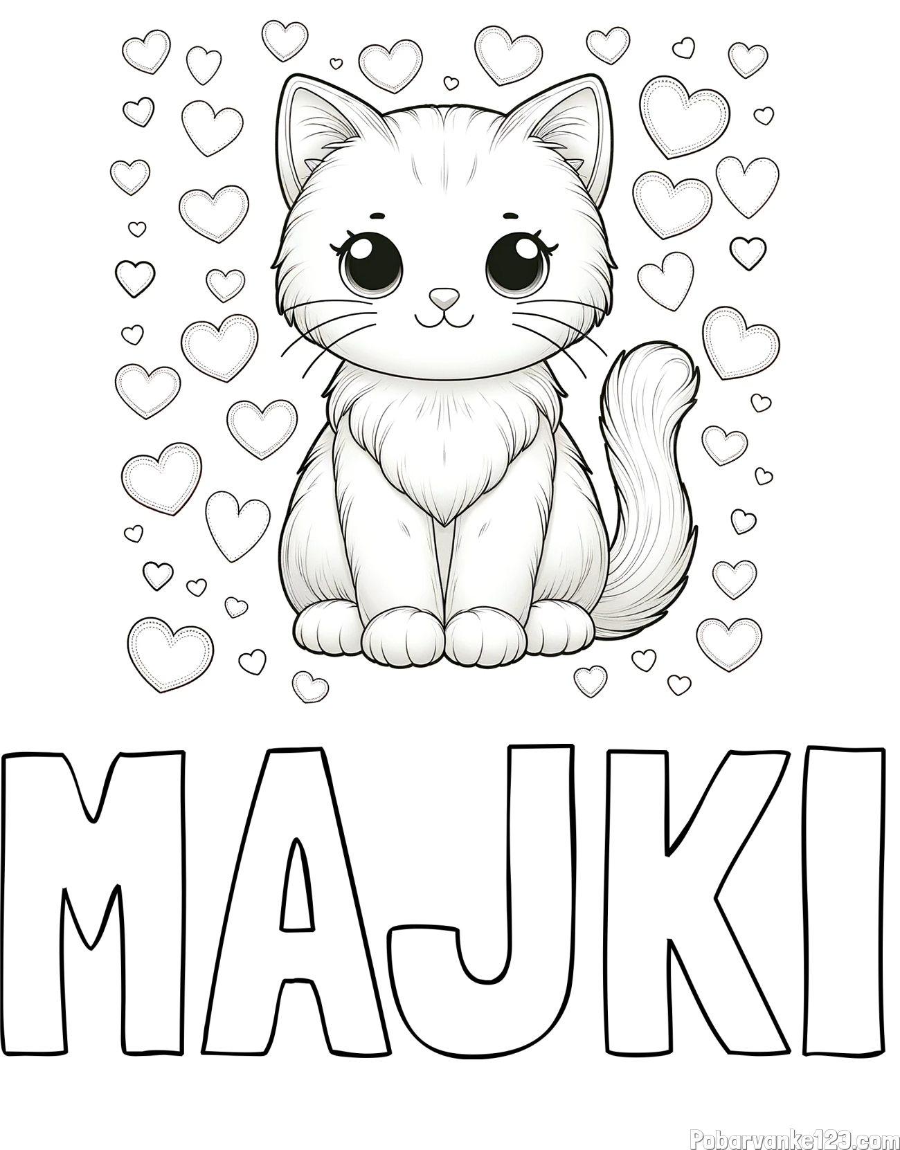 Pobarvanka imena MAJKI in pobarvanka ljubke mucke obdane s srčki