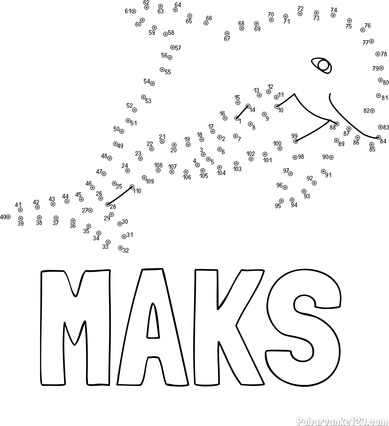 Pobarvanka imena MAKS in pobarvanka delfina - poveži številke